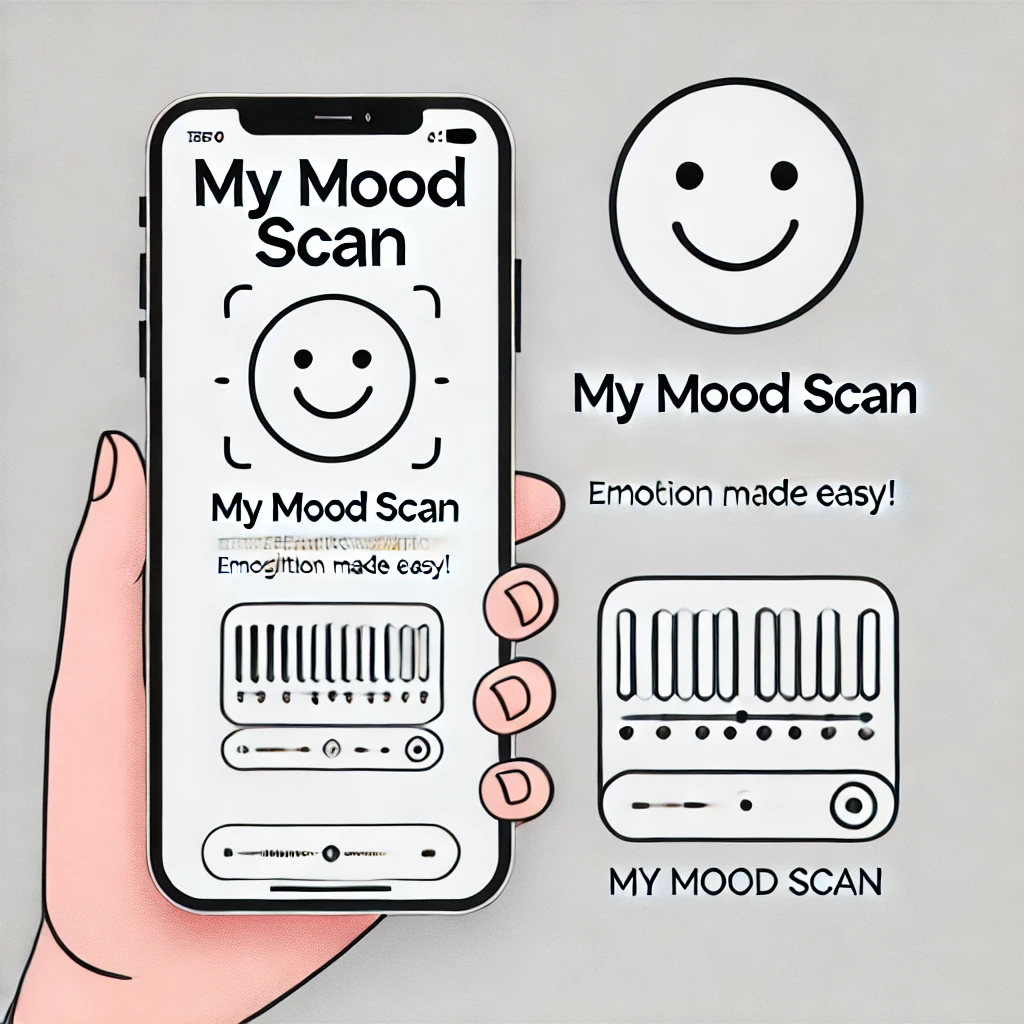 Minimalistic illustration of My Mood Scan Autism emotion recognition app on a smartphone with smiling emoji.