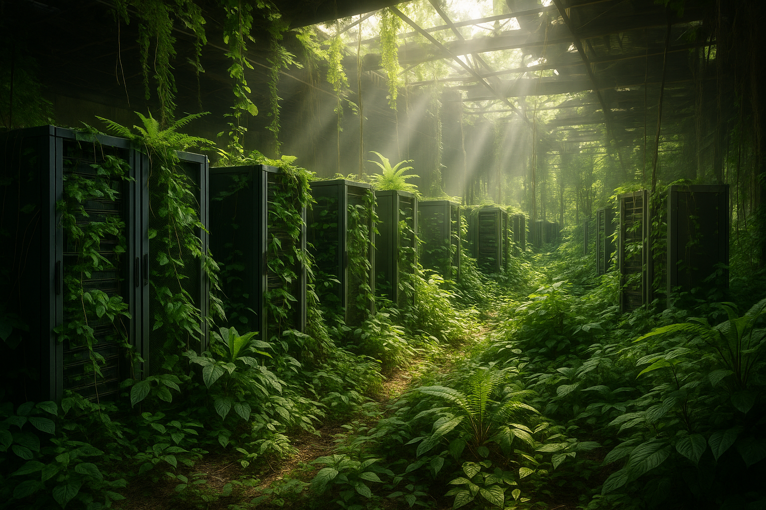 Abandoned data center overgrown with jungle plants and sunlight streaming through a broken roof, symbolizing sustainable Frugal AI without servers.